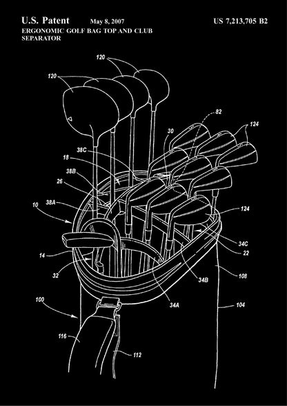 Patent na Ergonomiczną Torbę Golfową z Separatorem Kijów na Czarnym tle Plakat