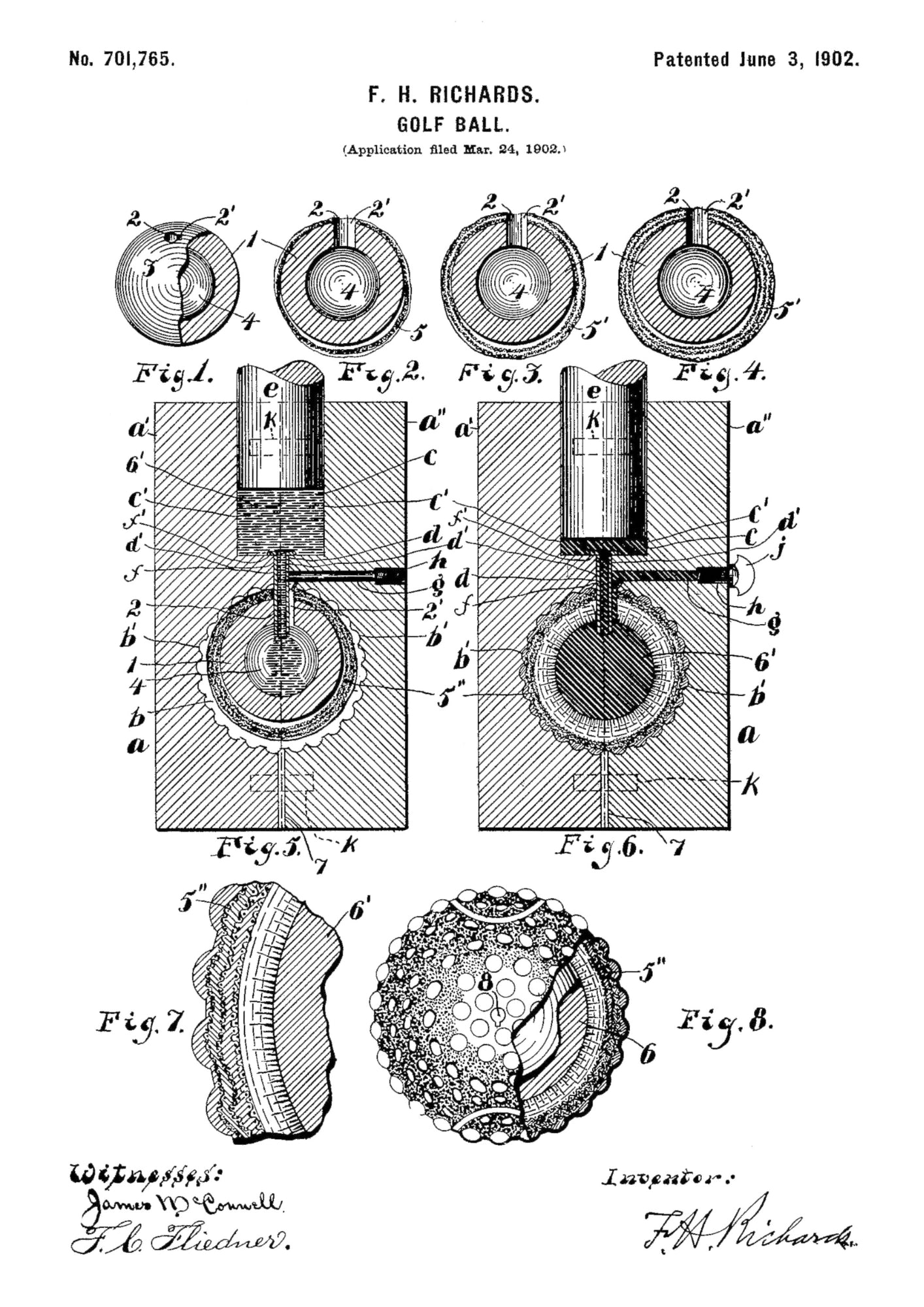 Patent na Piłkę Golfową z 1902 Roku na Białym Tle Plakat