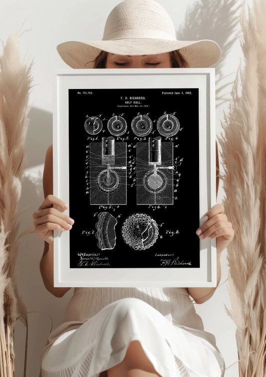 Patent na Piłkę Golfową z 1902 Roku na Czarnym Tle Plakat