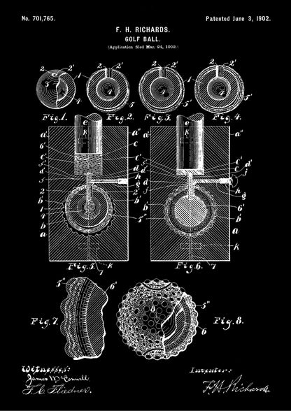 Patent na Piłkę Golfową z 1902 Roku na Czarnym Tle Plakat