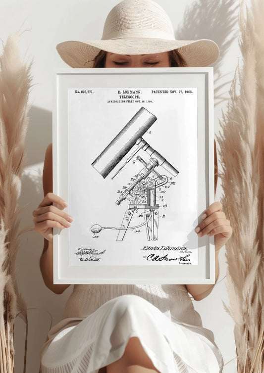 Patent na Teleskop z 1906 Roku na Białym Tle Plaka