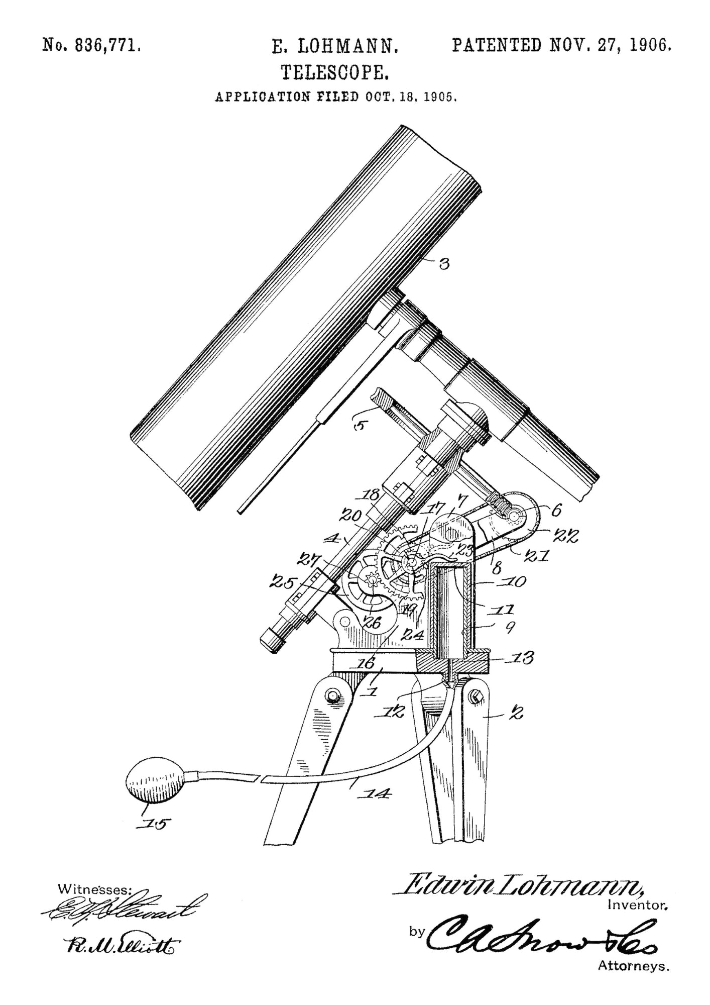 Patent na Teleskop z 1906 Roku na Białym Tle Plaka