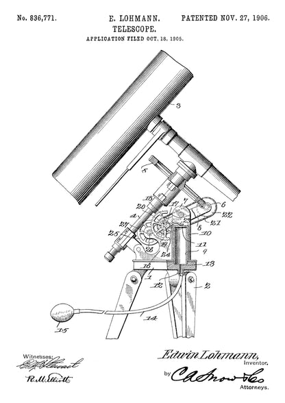 Patent na Teleskop z 1906 Roku na Białym Tle Plaka