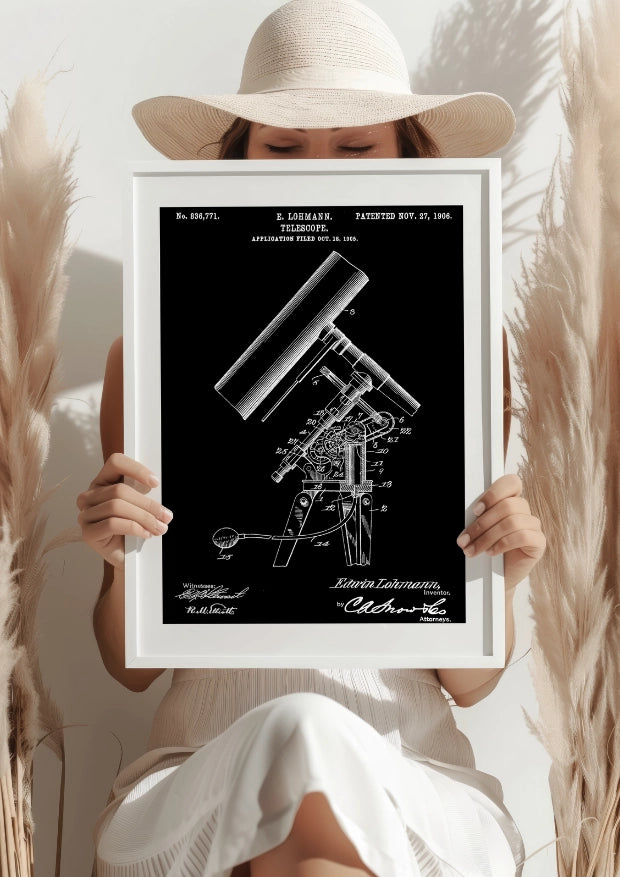 Patent na Teleskop z 1906 Roku na Czarnym Tle Plakat
