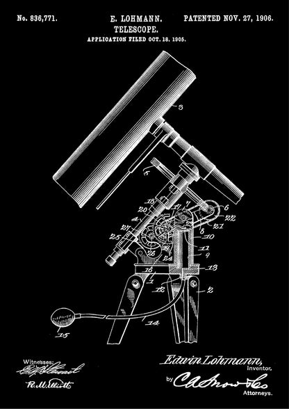 Patent na Teleskop z 1906 Roku na Czarnym Tle Plakat