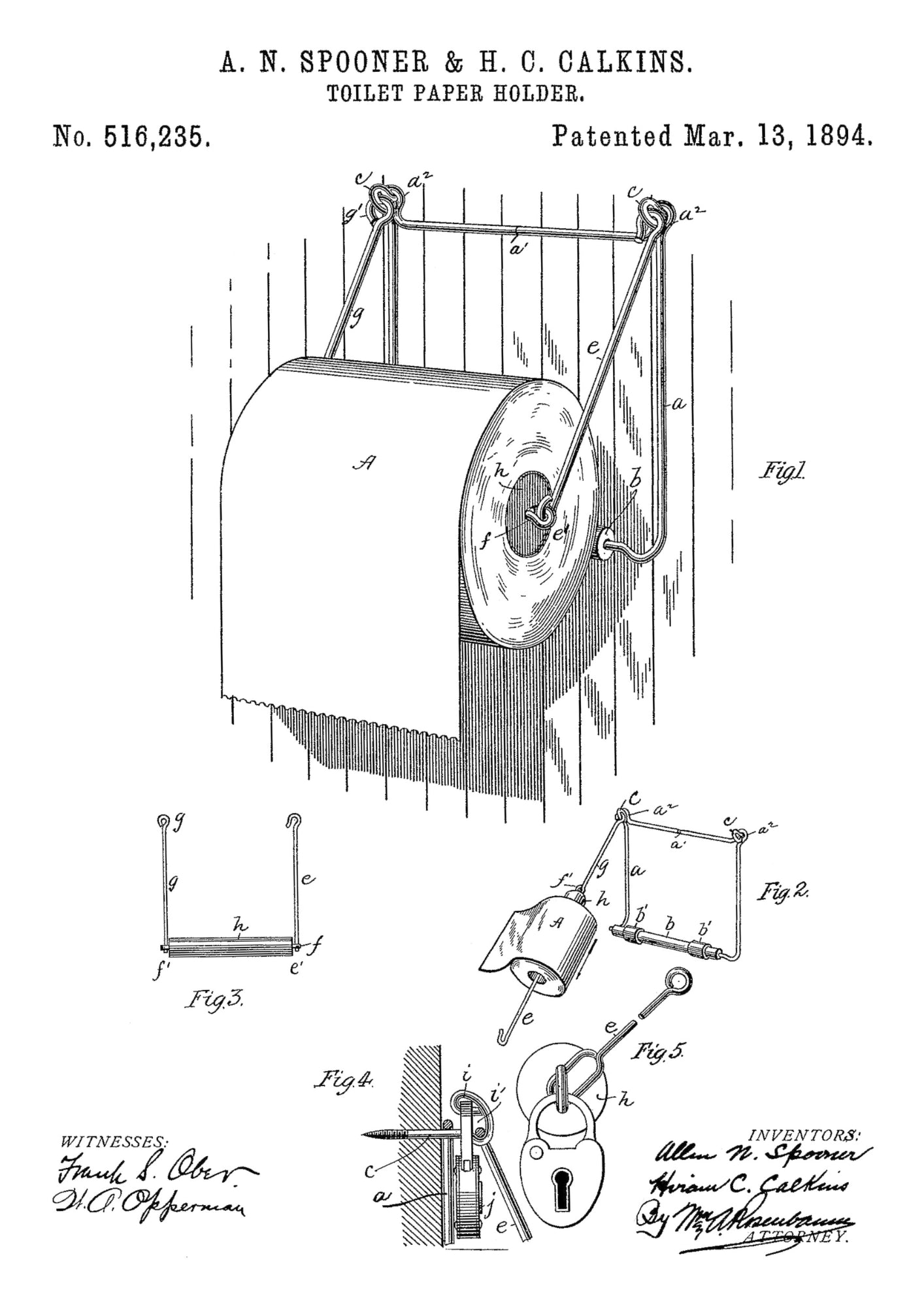 Patent na Uchwyt na Papier Toaletowy z 1894 Roku na Białym Tle Plakat