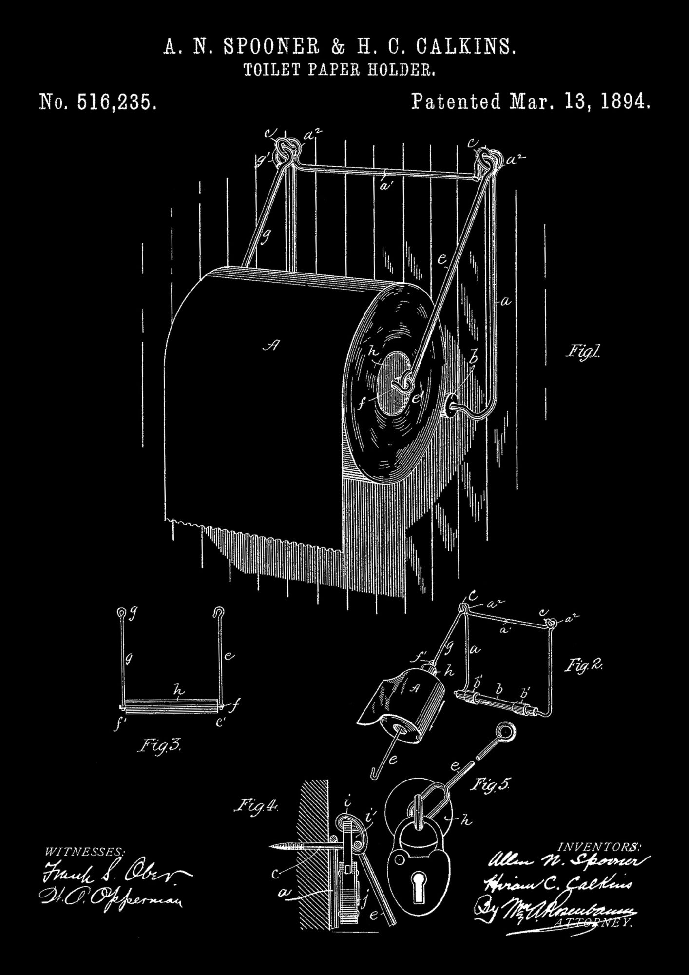 Patent na Uchwyt na Papier Toaletowy z 1894 Roku na Czarnym Tle Plakat