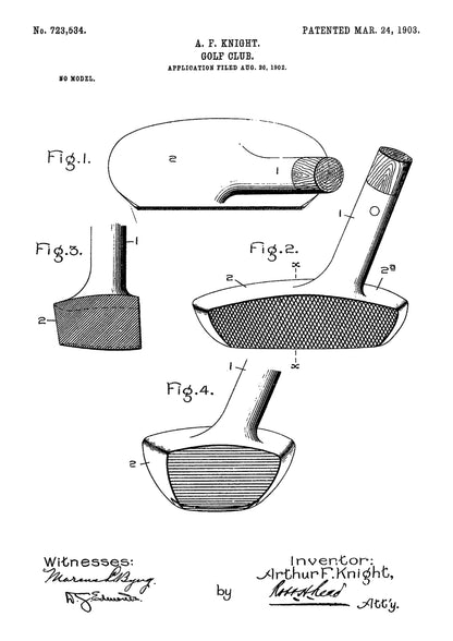 Patent na Kij Golfowy z 1903 Roku na Białym Tle Plakat
