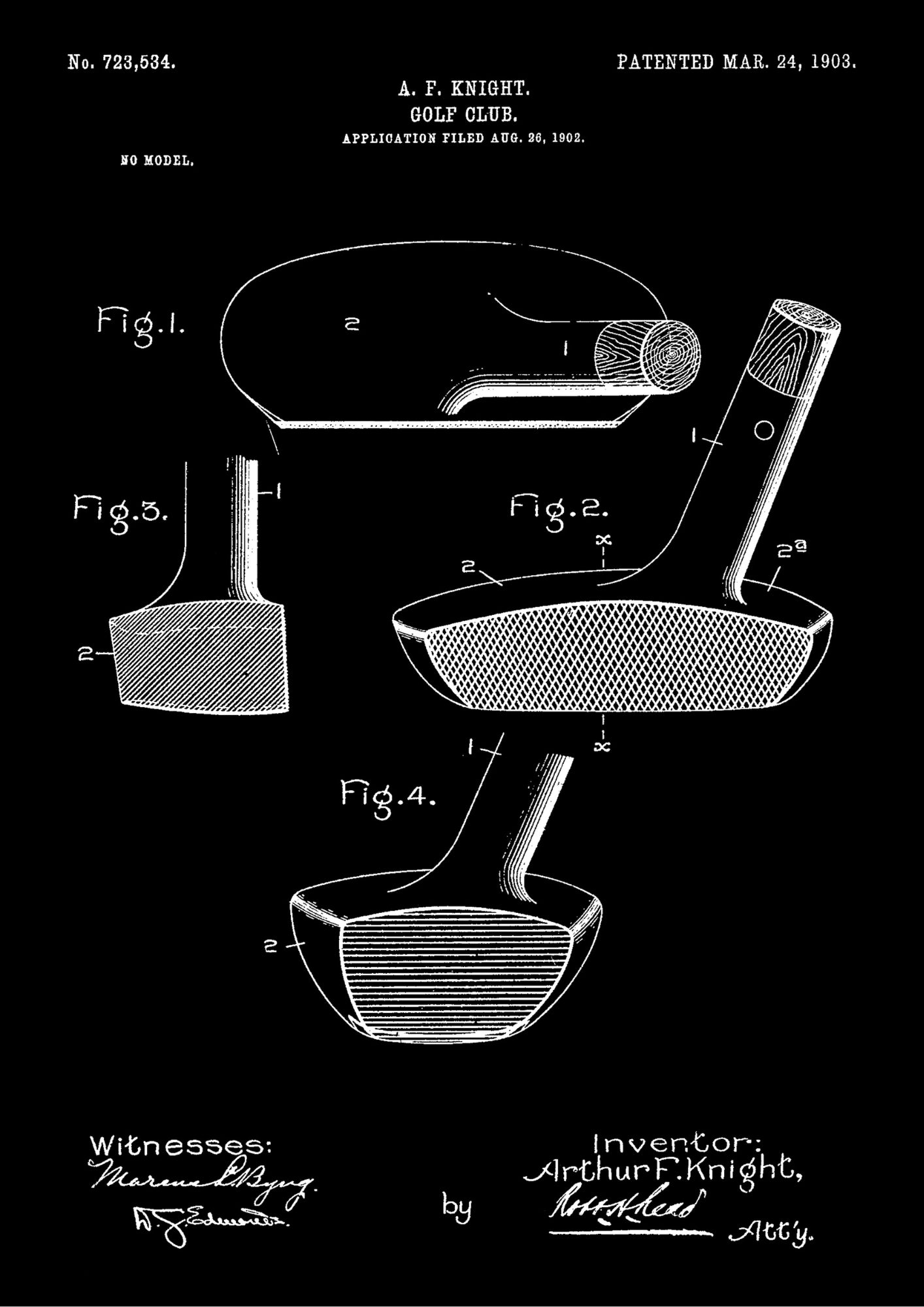 Patent na Kij Golfowy z 1903 Roku na Czarnym Tle Plakat