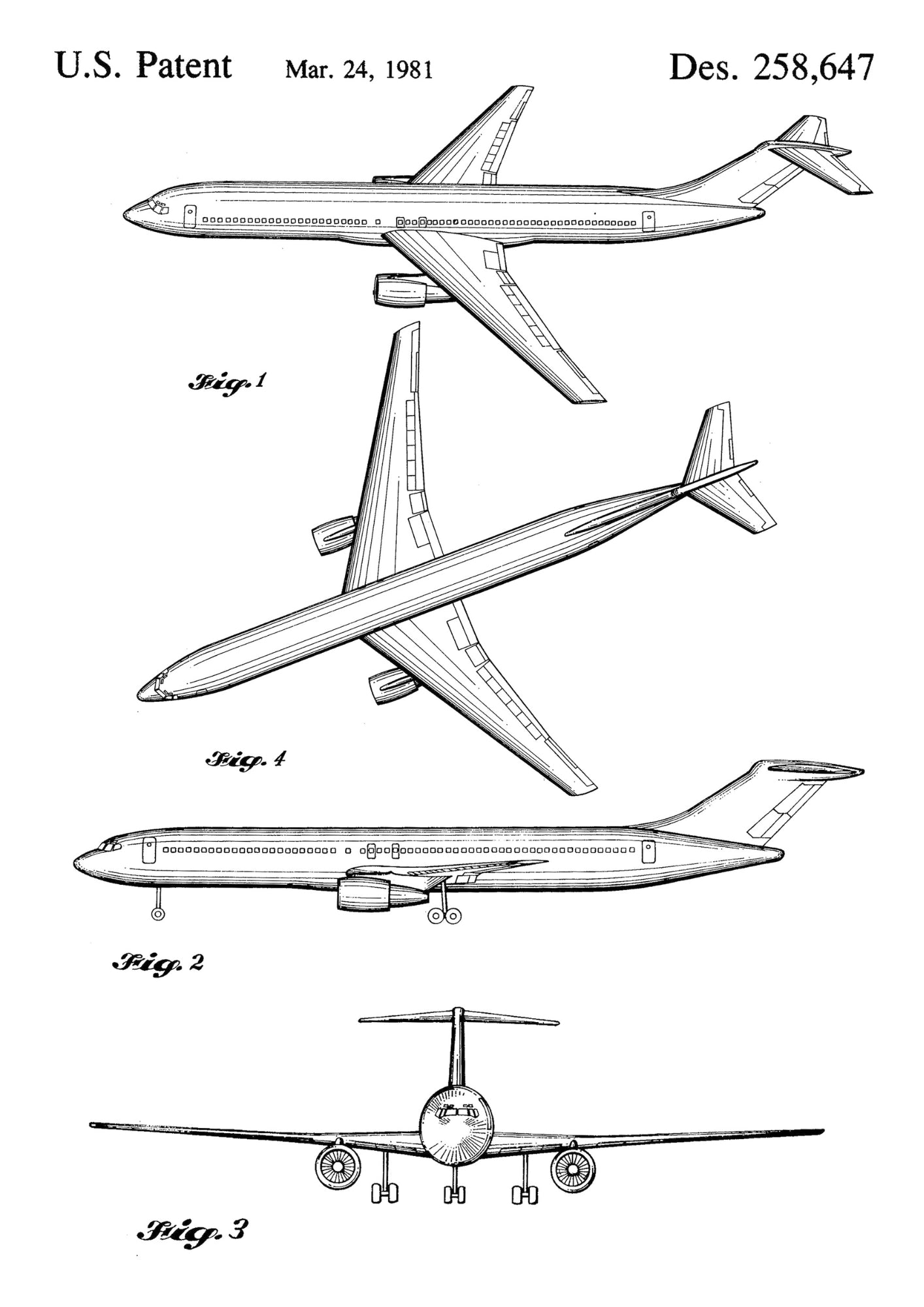 Patent na Samolot Pasażerski z 1981 Roku na Czarnym Tle Plakat