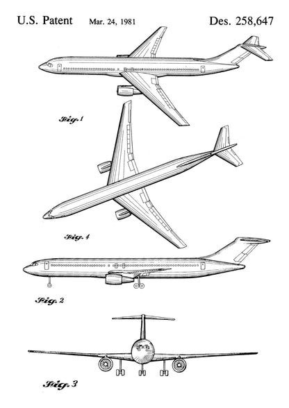 Patent na Samolot Pasażerski z 1981 Roku na Czarnym Tle Plakat