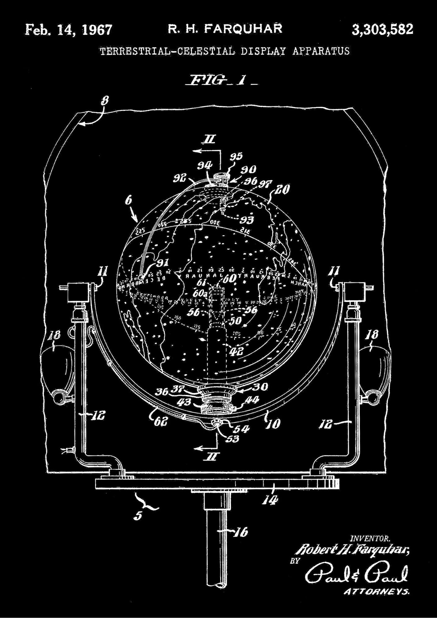 Patent na Terrestial-Celestial Display z 1967 Roku na Czarnym Tle Plakat
