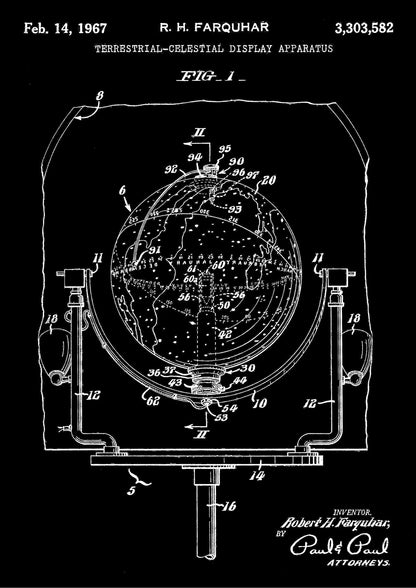 Patent na Terrestial-Celestial Display z 1967 Roku na Czarnym Tle Plakat