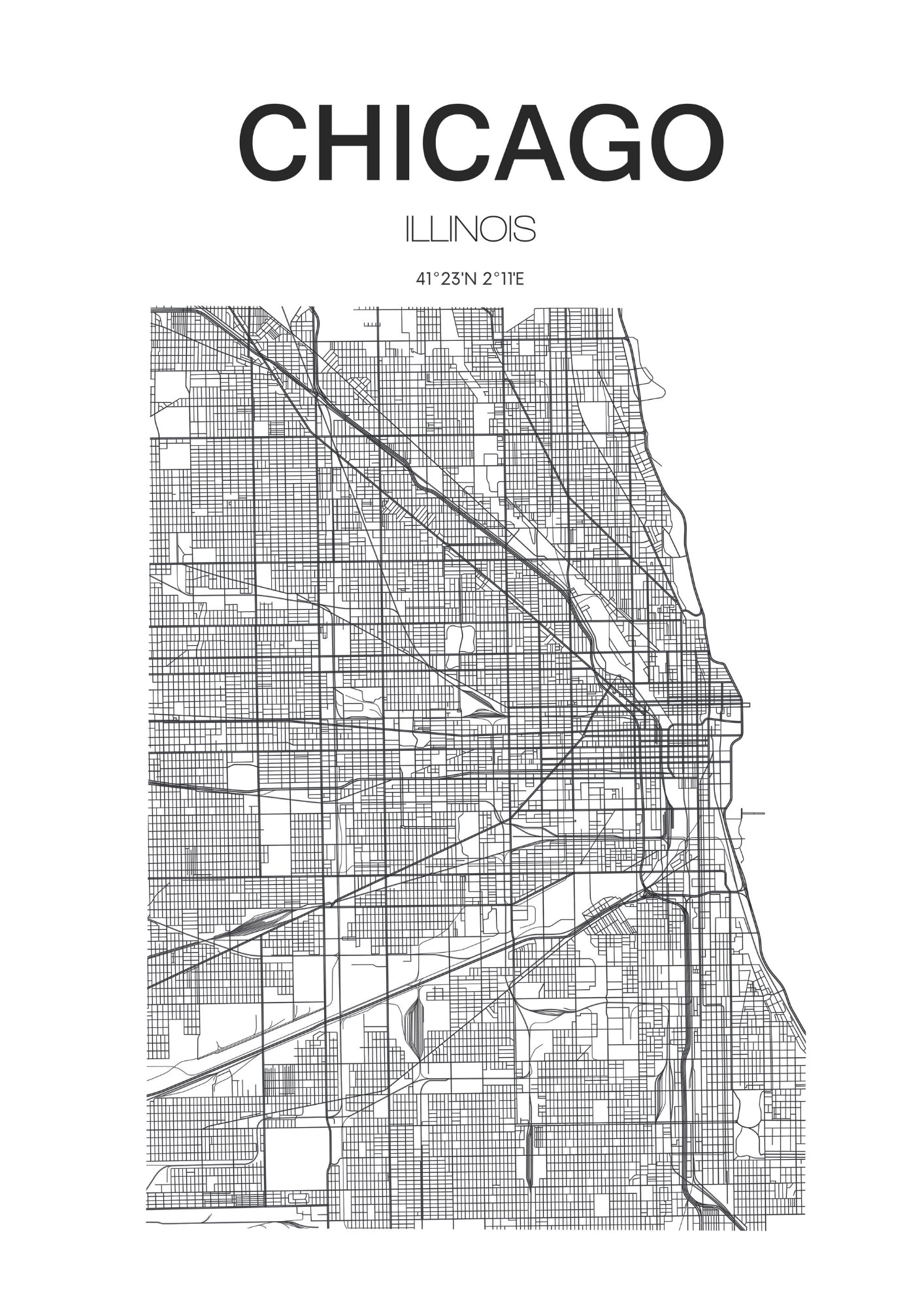 Czarno-Biała Mapa Chicago Plakat