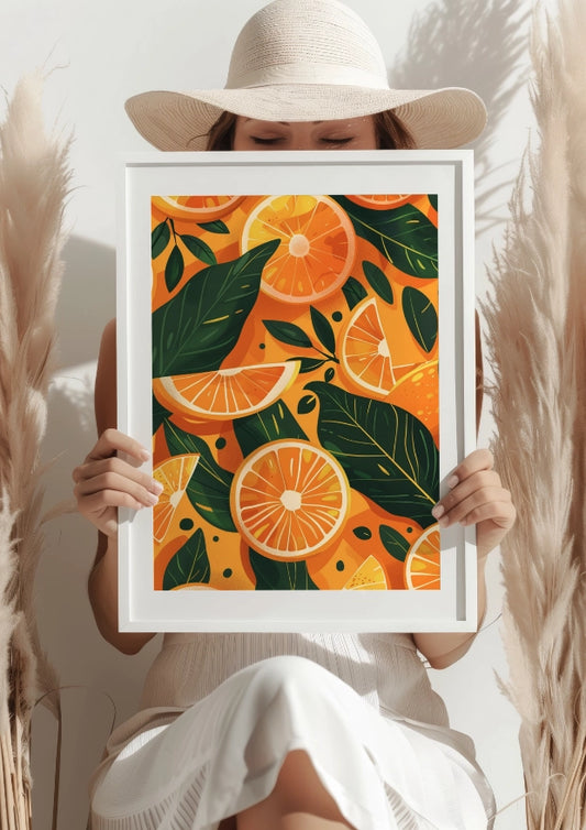 Soczysta Pomarańcza z Liśćmi Plakat