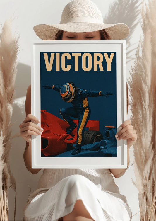 Triumfujący Kierowca na Bolidach Wyścigowych Plakat