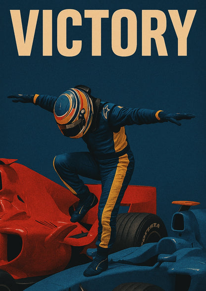 Triumfujący Kierowca na Bolidach Wyścigowych Plakat