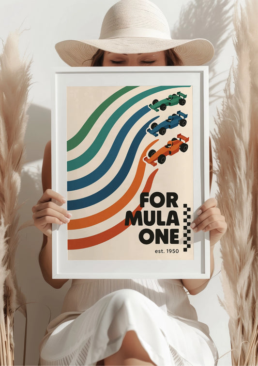 Kolorowe Bolidy na Stylizowanych Torach Retro Plakat